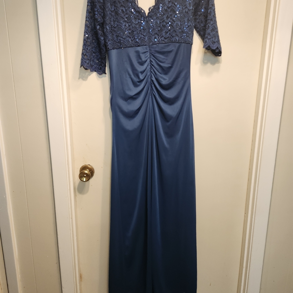 Navy Blue Lace Bodice Maxi Dress with Ruched Satin Skirt